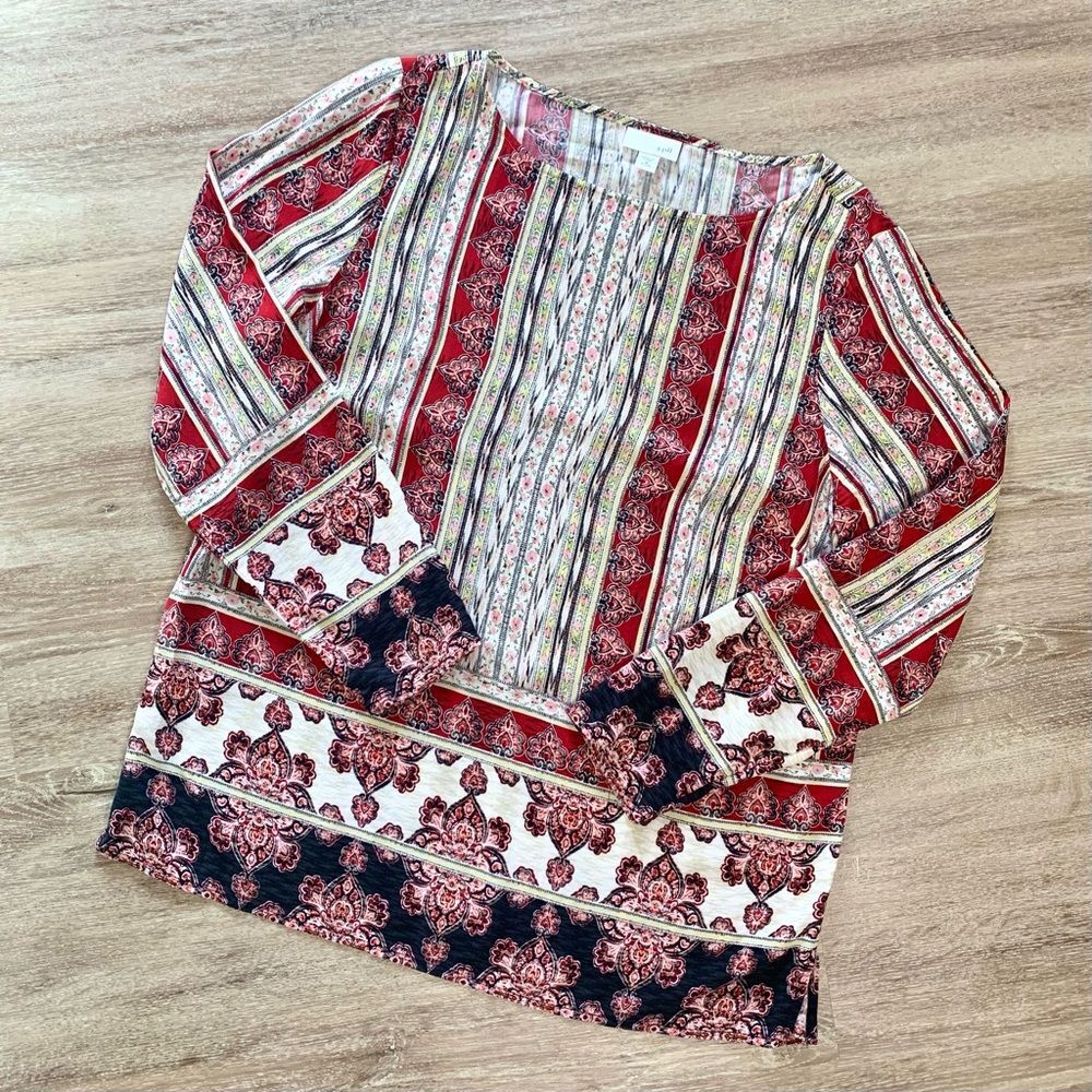 J.Jill Boho Paisley & Stripe Print Long Sleeve Tunic Blouse Size Medium